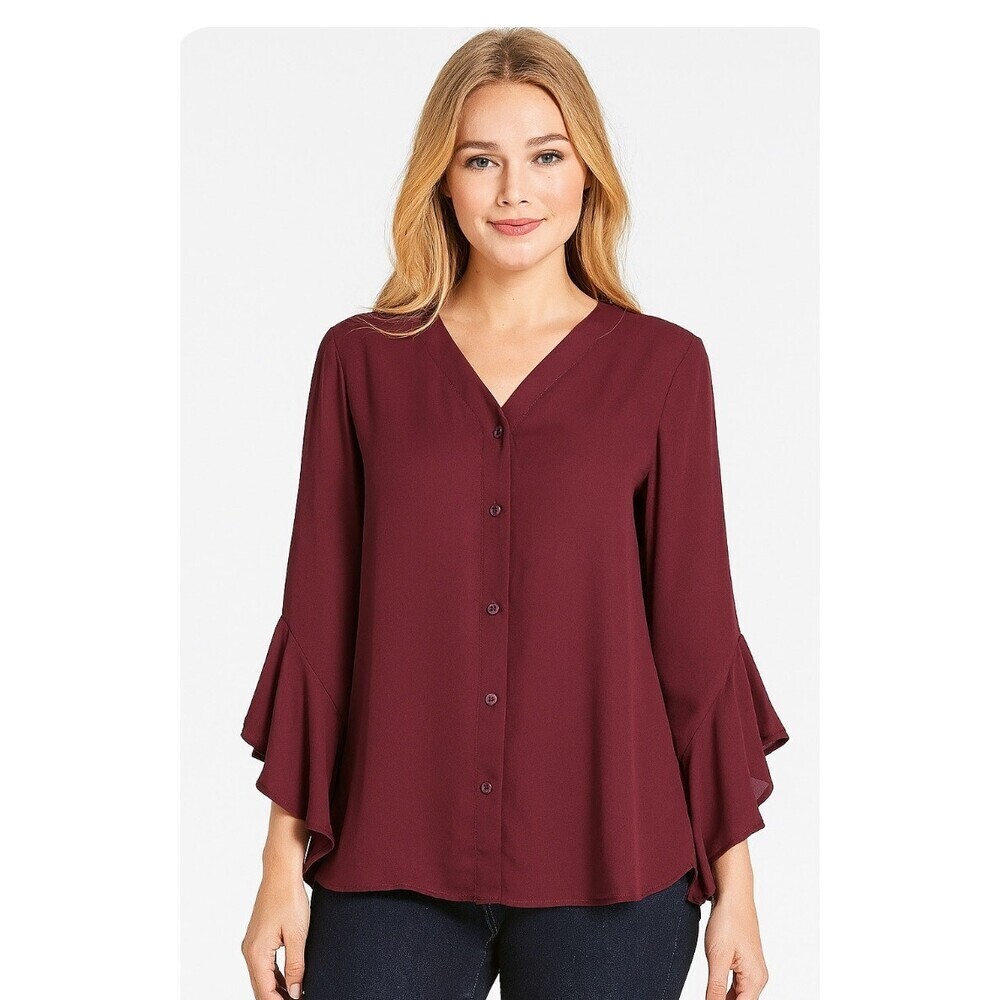 Banana Republic maroon/wine button up trumpet sleeve blouse SZ XS oversized